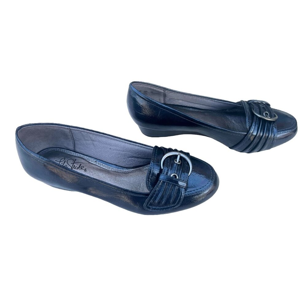 Life Stride Women’s 8M Flavia Black Low 1” Wedge Shoes Soft System Flex Comfort